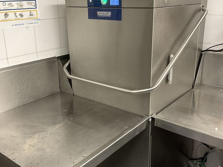 Hobart pass-through dishwasher, corner installation